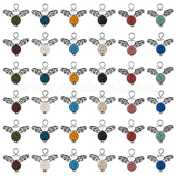48Pcs 12 Colors Natural Lava Rock Dyed Pendants, Round Charms with Antique Silver Plated Alloy Wings, 21x24x8mm, Hole: 3.5mm, 4pcs/style