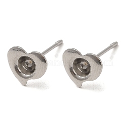 Accessoires pour boucles d'oreilles coeur 201 en acier inoxydable, supports de boucles d'oreilles avec 304 épingles en acier inoxydable, couleur inoxydable, 7x7.5mm, pin: 11x0.7 mm, Plateau: 2.8 mm