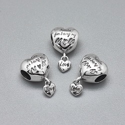 925 Sterling Silber European Beads, Große lochanhänger, Herz mit Wort Liebe, Antik Silber Farbe, 17.5 mm, Loch: 4.5 mm, Herz: 13x11x8.5 mm und 5.5x5x1.5 mm