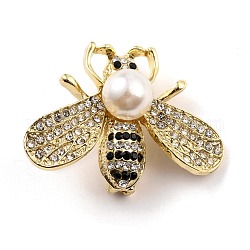 Broche en alliage d'abeille avec perle en résine, Épinglette d'insecte en strass exquise pour fille femme, or, jet, 29x40x12.5mm, pin: 0.8 mm