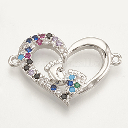 Brass Micro Pave Cubic Zirconia Links, Heart with Footed, Colorful, Platinum, 18x26.5x3.5mm, Hole: 1.2mm