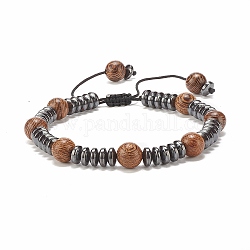 Bracelet en bois de wengé naturel et perles tressées en hématite synthétique, bracelet yogo réglable pour femme, diamètre intérieur: 2-1/4~3-1/4 pouce (5.8~8.4 cm)