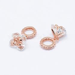 Brass Micro Pave Cubic Zirconia European Dangle Charms, Flower, Cadmium Free & Nickel Free & Lead Free, Real Rose Gold Plated, 14mm, Hole: 4.5mm