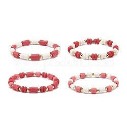 4pcs 4 style argile polymère heishi surfeur bracelets extensibles ensemble, bracelets preppy empilables pour femmes, rouge, diamètre intérieur: 2~2-1/4 pouce (5.1~5.7 cm), 1pc / style