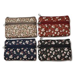 Flower Print Cotton Cloth Wallets with Alloy Zipper, Rectangle, Mixed Color, 12.3x8.2x0.7cm