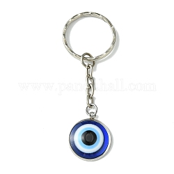 Flat Round with Evil Eye Resin & 304 Stainless Steel Pendant Keychain, with Iron Key Ring, Blue, 7.4cm