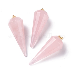 Natural Rose Quartz Pendants, with Brass Findings, Faceted, Cone/Spike/Pendulum, Real 18K Gold Plated, 42~44x15~16mm, Hole: 3.6x4mm