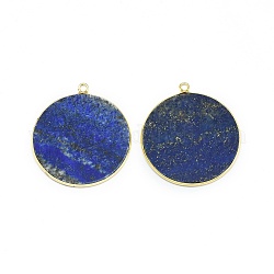 Lapis lazuli naturale ciondoli, con accessori di ottone, rotondo e piatto, oro, 32~34x28.5~31x2mm, Foro: 1.6 mm