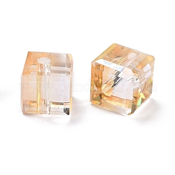 Galvanoplastie perles de verre transparentes, cube à facettes, arc-en-ciel plaqué, jaune clair, 6x6x6mm, Trou: 1.8mm