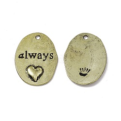 Tibetan Style Alloy Pendants, Oval with Word Always and Heart Pattern, Antique Bronze, 25x18x2mm, Hole: 1.8mm