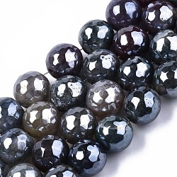 Filo di perline di agata naturale, lustro di perla placcato, sfaccettato, tondo, grigio, 9~10mm, Foro: 1 mm, circa 37pcs/filo, 14.17 pollice ~ 14.57 pollici (36~37 cm)