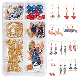 Sunnyclue kits de fabrication de boucles d'oreilles sur le thème du poisson bricolage, y compris les pendentifs en alliage émaillé, perle de verre givré, anneaux de liaison en laiton et chaîne de câble et crochet de boucle d'oreille, épingles en fer, couleur mixte