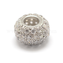 Brass Cubic Zirconia European Beads, Rondelle, Platinum, 10x6mm, Hole: 4mm