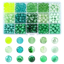Perle di vetro stile 375 pz 15, tondo, verde, 8~9mm, Foro: 1~1.6 mm, circa 25 pz / stile