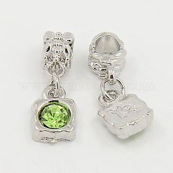Platinum Plated Alloy Rhinestone European Square Dangle Charm Beads, Yellow Green, Size: about 9mm wide, 25mm long, hole: 4.5mm
