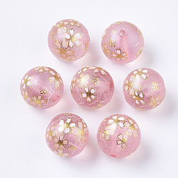 Perlas de resina impresas translúcidas, esmerilado, redondo con patrón de sakura, rosa, 17.5mm, agujero: 2 mm