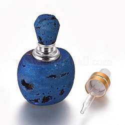 Elektroplattierte Parfümflasche aus natürlichem Druzy-Achat, mit Glastropfer und Messingbefund, Platin Farbe, 61~64.5x40~41x32~33 mm, Rohr: 53~54x15.5mm, Kapazität: 2 ml (0.07 fl. oz)
