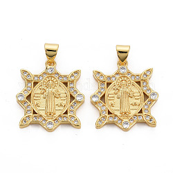 Brass Micro Pave Cubic Zirconia Pendants, Nickel Free, Virgin, Real 16K Gold Plated, 22x19x3mm, Hole: 3x5mm