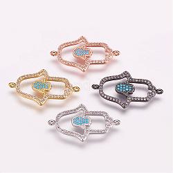 Brass Micro Pave Cubic Zirconia Links, Hamsa Hand/Hand of Fatima/Hand of Miriam, Mixed Color, 27.5x16.5x2mm, Hole: 1.5mm