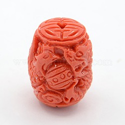 Synthetic Carved Coral Beads, Drum with Dragon and Phoenix, Dyed, Orange Red, 23x18mm, Hole: 2mm