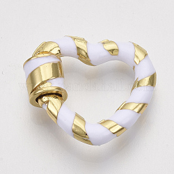 Brass Screw Carabiner Lock Charms, for Necklaces Making, with Enamel, Nickel Free, Heart, Real 18K Gold Plated, White, 18x19.5x3~5.5mm