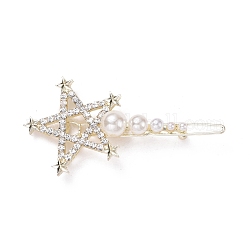 Legierung Kristall Strass Haarspangen, mit Kunststoff-Perlen, Stern, Licht Gold, 68x35x13 mm