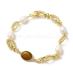 Bracelets ovales à maillons en œil de tigre naturel et perles, avec chaînes à maillons ovales en laiton, véritable 14k plaqué or, 7-1/4 pouce (18.5 cm)
