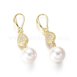 Shell perla orecchini pendenti, con zirconi a goccia, perline e gancio per orecchini in ottone, tondo, oro, 40mm, ago :1mm