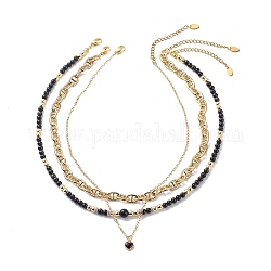 Ensemble de colliers de perles d'obsidienne naturelle et d'hématite synthétique de style 3 pièces 3, collier pendentif coeur en alliage d'émail, bijoux en chaîne à maillons en laiton pour femmes, or, 15.55~17 pouce (39.5~43.2 cm), 3 pièces / style