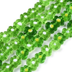 Chapelets de perle de millefiori en verre manuelles, fleur, verte, 6.4~9x3.2mm, Trou: 1mm, Environ 56 pcs/chapelet, 15.75'' (40 cm)