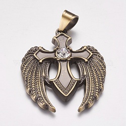 304 Stainless Steel Pendants, with Rhinestone, Wing with Cross, Crystal, Antique Bronze, 39x49x5mm, Hole: 7x9mm