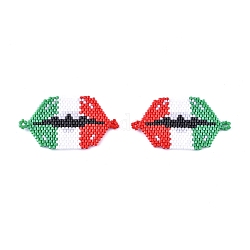 Connecteurs de liens de perles de rocaille faites à la main, avec du fil élastique, motif de tissage, lèvre avec drapeau de l'italie, colorées, 27x47.5x1.5mm, Trou: 2.5mm