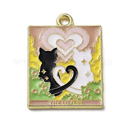 Palabra los amantes colgantes de aleación de esmalte, dorado, amuleto del tarot gato negro, blanco, 27x20x1.5mm, agujero: 2 mm