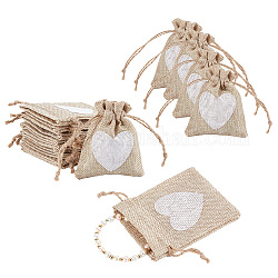 Sacs de rangement en toile de jute, sacs à cordonnet, rectangle avec motif coeur, verge d'or pale, 10x8x0.3 cm