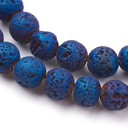 Placage sous vide brins de perles de lave naturelle galvanisés, ronde, bleu plaqué, 8~8.5mm, Trou: 1mm, Environ 48 pcs/chapelet, 15.35 pouce (39 cm)