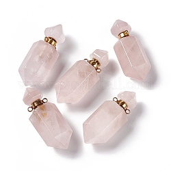 Faceted Bullet Natural Rose Quartz Perfume Bottle Pendants, Essentail Oil Diffuser Charm, with Golden Tone Metal Findings, for Jewelry Making, 42~45x16~17x16~17mm, Hole: 2mm