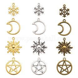 Tibetan Style Alloy Pendants, Moon, Sun, Star and Snowflake, Mixed Color, 21x16x2mm, Hole: 2mm, 3colors, 8pcs/color, 4shape, 96pcs/set