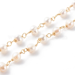 Handmade cultured Freshwater Pearl Beaded Chains, with Copper Wire, Soldered, Real 18K Gold Plated, 6~10x7~9x4~7mm, 39.37 inch(1m)/strand