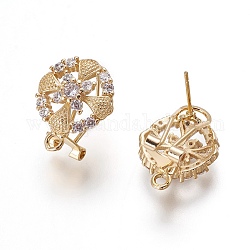 Brass Micro Pave Cubic Zirconia Stud Earring Findings, with Loop, Flat Round with Flower, Clear, Golden, 18.5x15x12mm, Hole: 1.8mm, Pin: 0.7mm