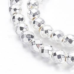 Chapelets de perles en hématite synthétique sans magnétiques, Grade a, facette, ronde, Plaqué Argent, 6mm, Trou: 1.1mm, Environ 72 pcs/chapelet, 15.7 pouce