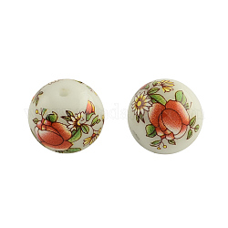 Flower Picture Glass Beads, Round, Orange Red, 14x13mm, Hole: 1.5mm