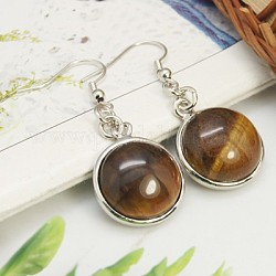 Fashion Natural Tiger Eye Earrings, with Brass Earring Hooks, Half Round/Dome, 44~45x18~19mm, Pin: 0.6mm