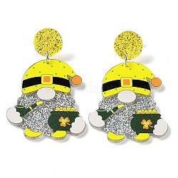 Saint Patrick's Day Sparkling Acrylic Dangle Stud Earrings, Gnome, Yellow, 62x39.5mm