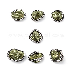 Perles de pépites de coquillages d'eau douce naturelles galvanisées, avec strass en pâte polymère, vert olive, 19~22.5x16.5~25x10~12mm, Trou: 0.5~0.7mm