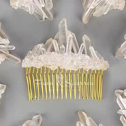 Pettini in cristallo di quarzo grezzo naturale. con reperti in lega, accessori per capelli per ragazze donna, oro, 80mm