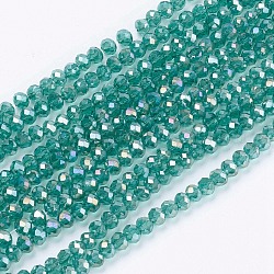 FilI di perline in vetro placcato, pieno arcobaleno placcato, sfaccettato, rondelle, verde mare, 3x2mm, Foro: 0.8 mm, circa 185~190pcs/filo, 14.9~17.3 pollice (38~44 cm)