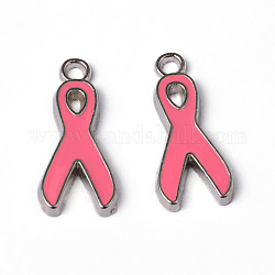 October Breast Cancer Pink Awareness Ribbon Alloy Enamel Pendants, Lead Free and Cadmium Free, Platinum Metal Color, 19x8x1mm, Hole: 2mm