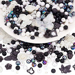 Pandahall elite kit de búsqueda de joyería diy, incluyendo cabujones de resina y cuentas, Abalorios de acrílico, flor y mariposa y anillo y medio redondo, en blanco y negro, 4~30x4~41x2~9mm, agujero: 1.4~2.5 mm