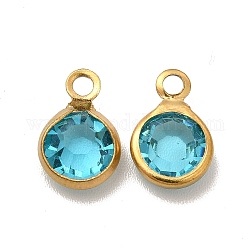 Ion Plating(IP) 304 Stainless Steel with Glass Charms, Real 18K Gold Plated, Faceted Flat Round, Cyan, 9.5x6.5x2mm, Hole: 1.5mm