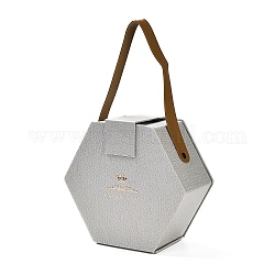 Coffrets cadeaux en carton hexagone pour la Saint-Valentin, avec poignées en simili cuir PU, gris clair, 28.5 cm, sac: 16.5x18.5x8cm